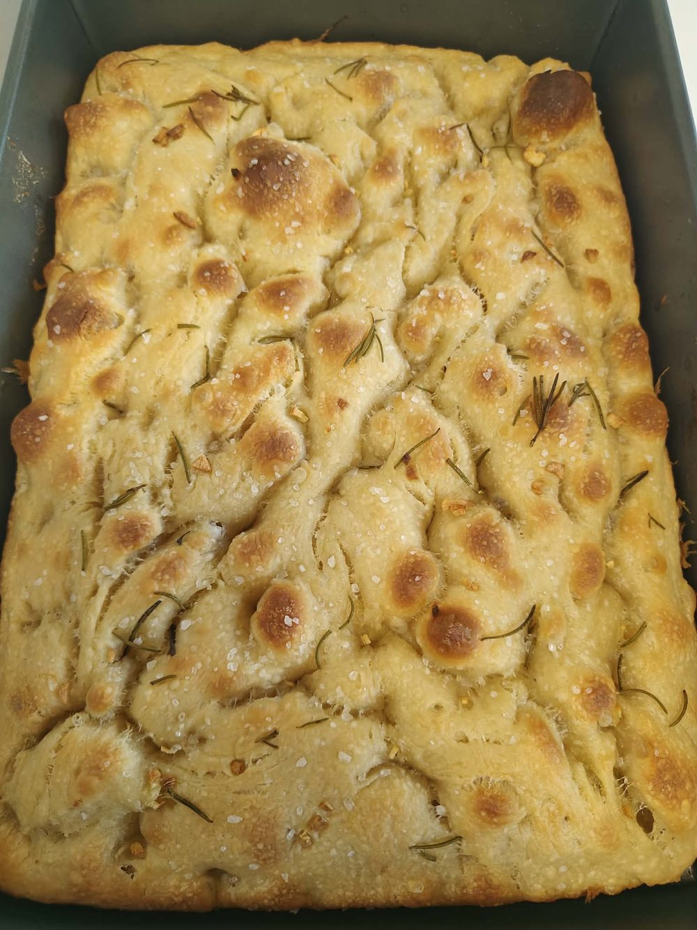 Fresh rosemary and garlic sourdough focaccia with golden bubbled top and flaky salt